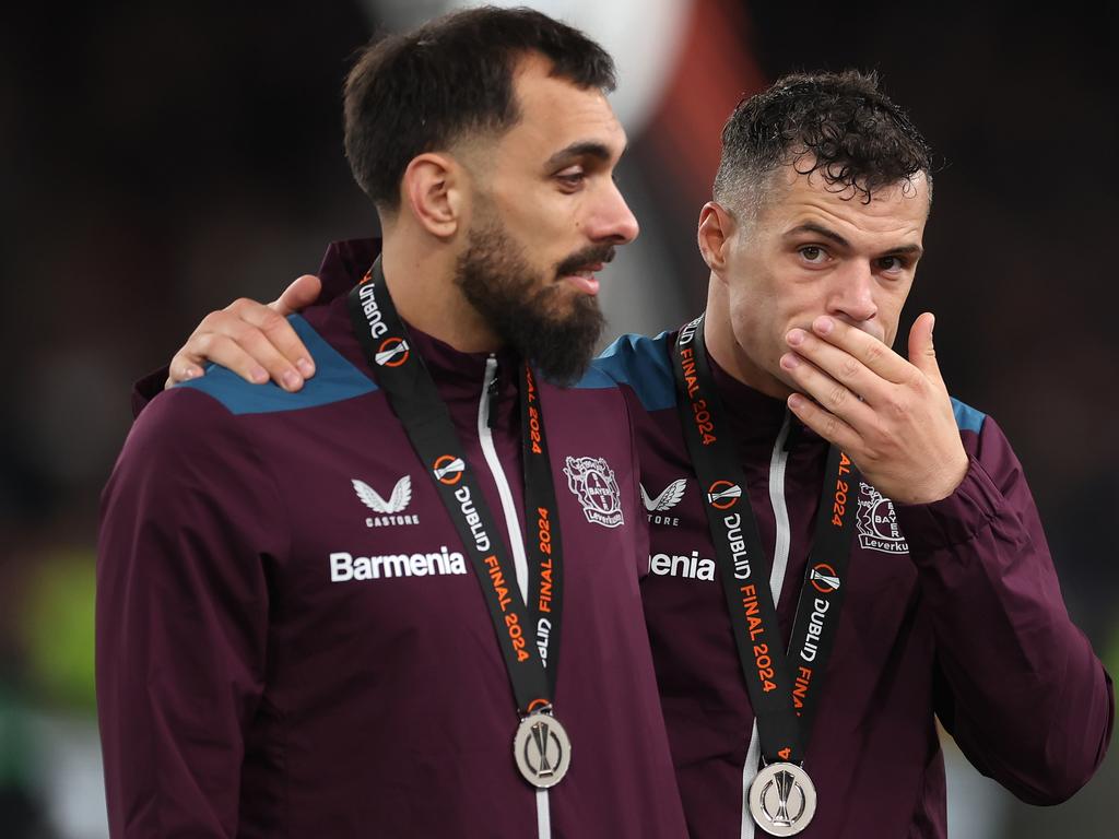 DUBLIN, IRELAND - MAY 22: Borja Iglesias and Granit Xhaka of Bayer 04 Leverkusen look dejected following defeat to Atalanta BC during the UEFA Europa League 2023/24 final match between Atalanta BC and Bayer 04 Leverkusen at Dublin Arena on May 22, 2024 in Dublin, Ireland. (Photo by Alex Grimm/Getty Images)
