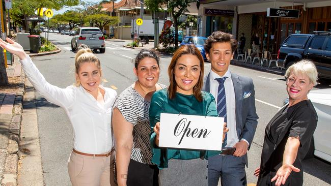 Racecourse Rd traders Bekk Tombs from Racecourse Road Dental, Little Persian Cafe’s Sarah Dargahi, Ingrid Steven, Harrison’s Menswear’s Maxwell Steven and Yap Yap Dog Grooming’s Leanne Hedges. Picture: AAP/RICHARD WALKER