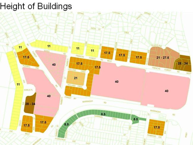 The originally exhibited structure plan for building heights around the Northern Beaches Hospital.