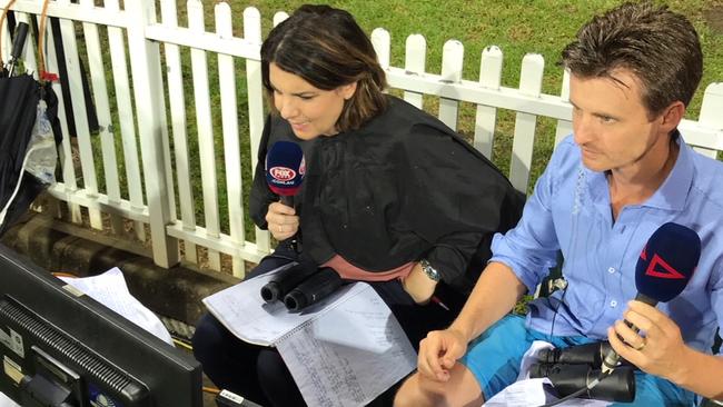 Kelli Underwood and Anthony Hudson had to call the GWS v Carlton match from boundary line in the second term. Picture: Fox Footy