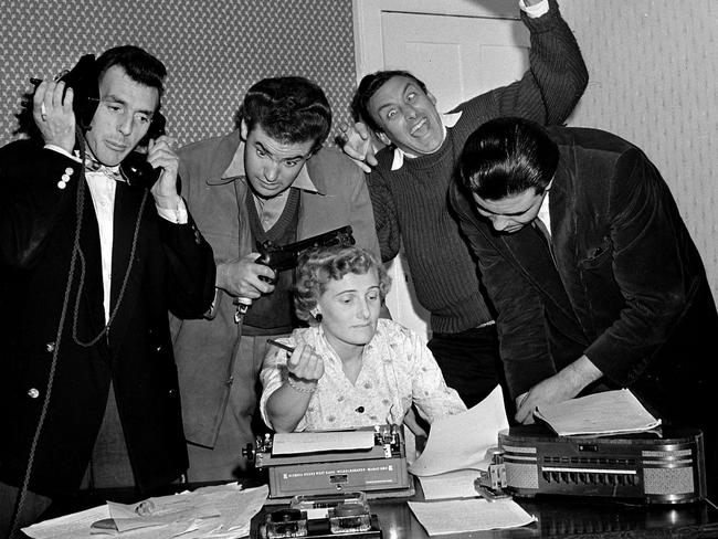 Television Personalities, Pictured together, L-R: Comedian Eric Sykes, Ray Galton, (part of the successful comedy script writing team of Galton and Simpson) comedian Spike Milligan and Alan Simpson, typist Beryl Vertue looking resigned (Photo by Popperfoto via Getty Images/Getty Images)