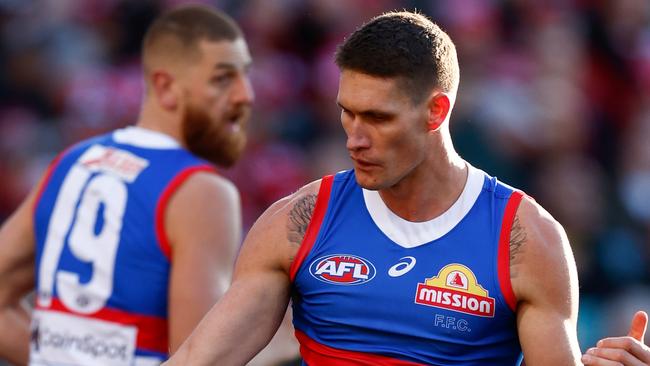 SYDNEY, AUSTRALIA - JULY 28: Rory Lobb of the Bulldogs kicks the ball during the 2024 AFL Round 20 match between the Sydney Swans and the Western Bulldogs at The Sydney Cricket Ground on July 28, 2024 in Sydney, Australia. (Photo by Michael Willson/AFL Photos via Getty Images)