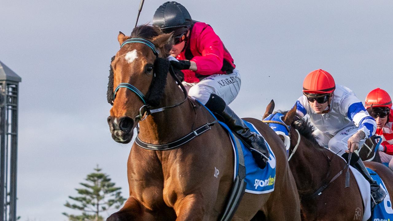 Press Down wins the Wylie Handicap at Morphettville. Picture: Makoto Kaneko