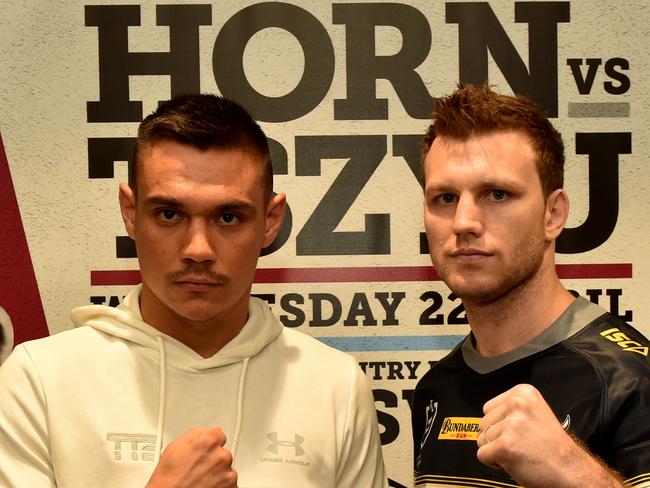 Boxers Tim Tszyu and Jeff Horn at Queensland Country Bank Stadium for announcement of 'Rumble on the Reef'. Picture: Evan Morgan