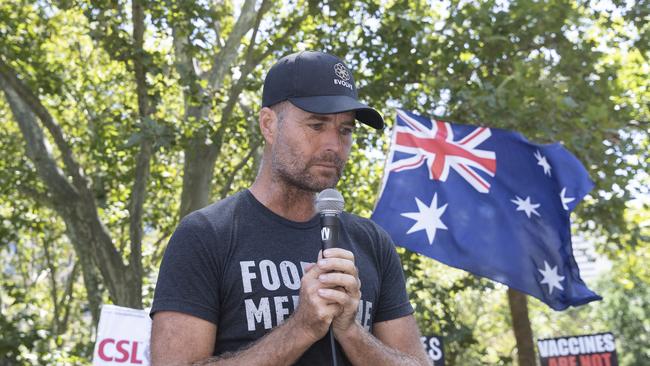 Disgraced celebrity chef Pete Evans addresses an anti-vaccination rally at Hyde Park in Sydney on Saturday. Picture: Getty