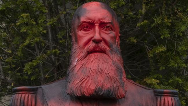 A bust of Belgium's King Leopold II was smeared with red paint in Tervuren last week. Picture: AP