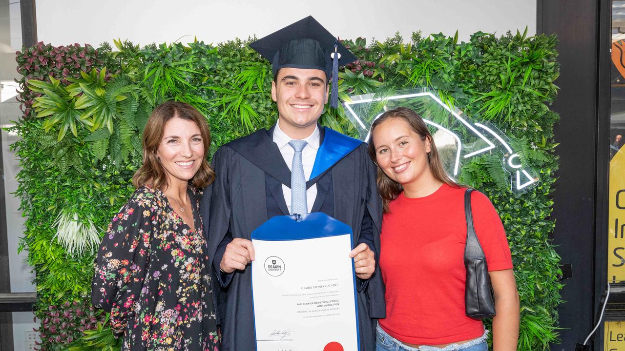 Lou Calvert, Rory Calvert and Isabella Senyard at Deakin University’s environmental science graduation. Picture: Brad Fleet