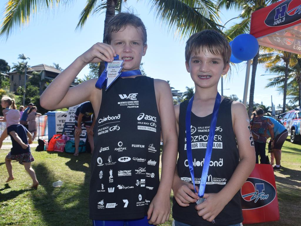 Austin and Stirling Edwards-Bland in 2016 after competing in a junior triathlon in the Whitsundays. Picture: Inge Hansen / Whitsunday Times.