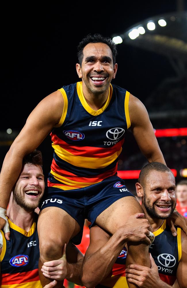 Betts is chaired off after his 300th game against Gold Coast earlier this season. Picture: Daniel Kalisz (Getty).