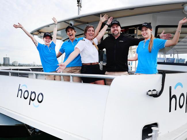 HopoÃ¢â¬â¢s crew celebrate their 300,000th passenger milestone this week and what's ahead for the passenger ferry company. Left to right, crew Michelle Simpson and Chelsea Vendy, Skipper Kate Robertson, Managing Director Anthony Ardern, and crew Emily Pierron, on board the ferry at Hopo docks at the Sea World Cruises Terminal . Picture Glenn Hampson