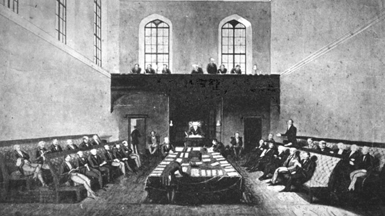 The sitting of the NSW Legislative Council in 1843, which included a representative from Melbourne for the first time. Picture: Parliament of NSW