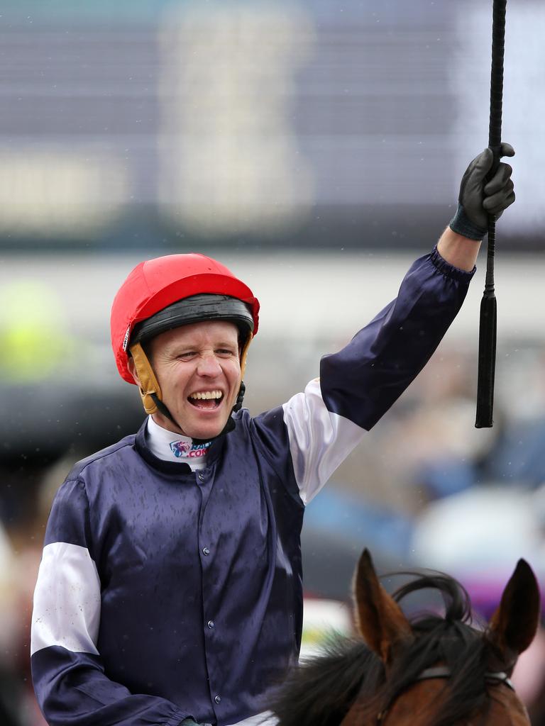 Winning jockey Kerrin McEvoy returns to scale on board Almandin. Picture: Michael Klein