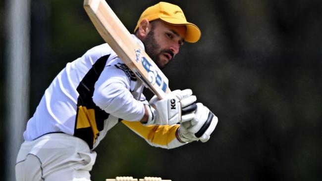 Sunbury UnitedÃs Amrit Sandhu during the GDCA McIntyre Shield: Diggers Rest Bulla v Sunbury United cricket match at Bloomdale Oval in Diggers Rest, Saturday, Nov. 11, 2023. Picture: Andy Brownbill