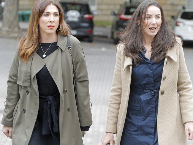 Sue Neill-Fraser's daughters Sarah Bowles and Emma Mills arrive at Hobart Supreme Court. Picture: PATRICK GEE