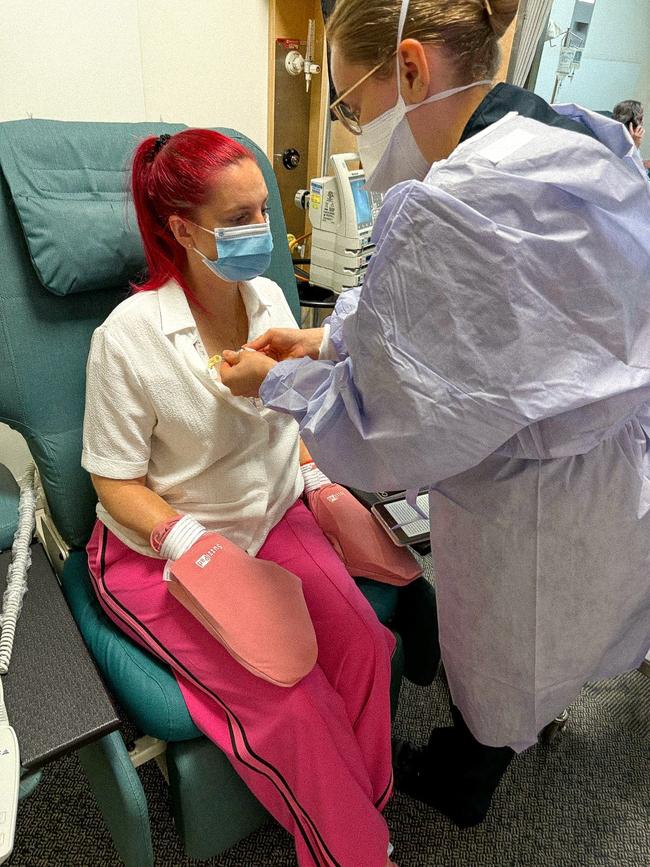 Kaz Kelly receives a chemotherapy infusion in a hospital cancer centre. Picture: Supplied