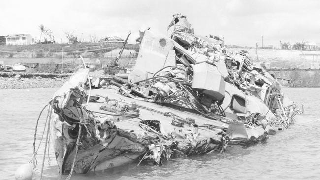 The HMAS Arrow in Darwin Harbour after Cyclone Tracy.