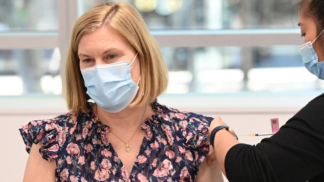 Dr Kerry Chant gets her second Astra Zeneca vaccination at the Vaccination Hub at Sydney Olympic Park. Picture: NCA NewsWire / Jeremy Piper