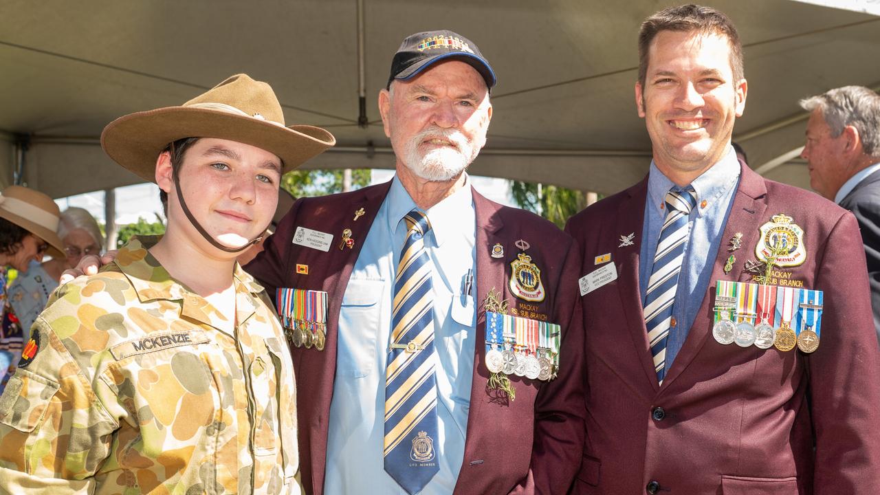 CDTREC Connor McKenzie, Ken Higgins and Mark Preston at ANZAC Day Mackay Friday 25 April 2025 Picture:Michaela Harlow