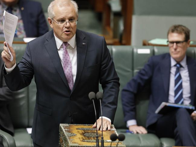 Prime Minister Scott Morrison and Attorney-General Christian Porter (r) during Question Time in the House of Representatives at Parliament House in Canberra. Picture by Sean Davey.