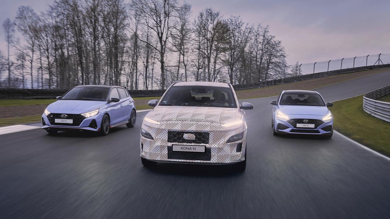 Hyundai’s performance car range is growing, with the Kona N (centre) set to join the i20N (left) and i30N (right) hatchbacks.