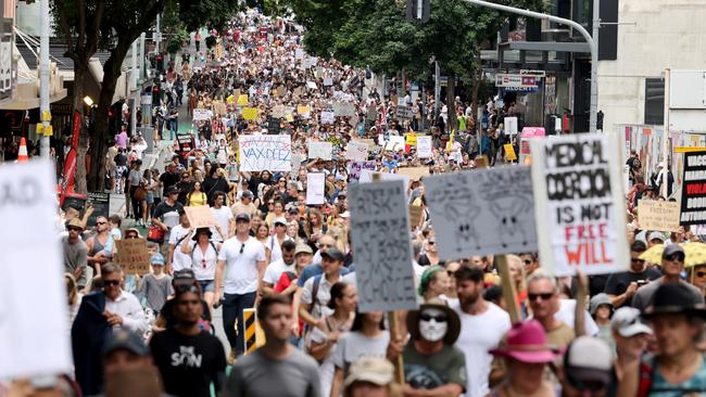 Protestors at the anti-vaccination march in Brisbane. Picture: Peter Wallis.