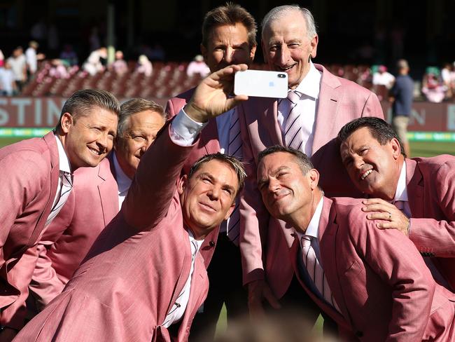 Shane Warne leads Nine commentary colleagues in a selfie. Picture: Ryan Pierse/Getty Images