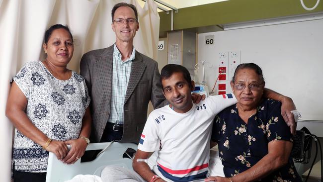 Bimal Deo with his sister Shiu Kumari, Dr Axt and his mother Sarban Graham at Westmead Hospital. Picture: David Swift