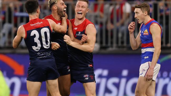 PERTH, AUSTRALIA - SEPTEMBER 25: Christian Salem of the Demons celebrates after scoring a goal during the 2021 AFL Grand Final match between the Melbourne Demons and the Western Bulldogs at Optus Stadium on September 25, 2021 in Perth, Australia. (Photo by Paul Kane/Getty Images)