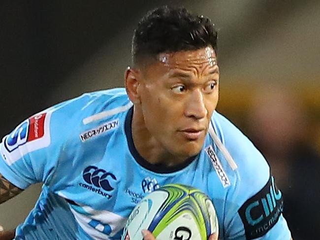NEWCASTLE, AUSTRALIA - MARCH 29: Israel Folau of the Waratahs is tackled during the round seven Super Rugby match between the Waratahs and the Sunwolves at McDonald Jones Stadium on March 29, 2019 in Newcastle, Australia. (Photo by Tony Feder/Getty Images)