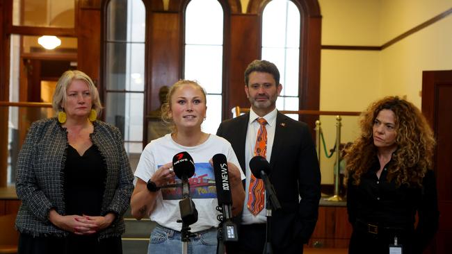 Grace Tame (second from left) with Greens MLC Tammy Franks, South Australian Attorney-General Kyam Maher and SA-BEST MLC Connie Bonaros. Picture: NCA NewsWire/ Kelly Barnes