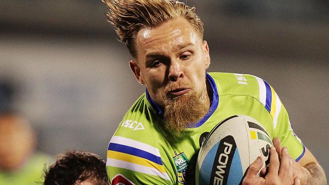 CANBERRA, AUSTRALIA - JULY 10: Blake Austin of the Raiders scores a try during the round 18 NRL match between the Canberra Raiders and the Newcastle Knights at GIO Stadium on July 10, 2015 in Canberra, Australia. (Photo by Stefan Postles/Getty Images)