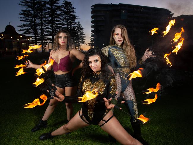 Glenelg Winter Arts Festival performers Georgie Rose, Roxie and Kraken at Colley Reserve. Picture: Brett Hartwig