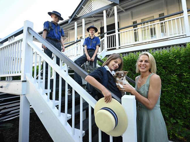 31/1/2025: Susie White with daughter Camilla 9 , and sons Harvey 14 and George 12 getting ready for school, at their new home in Hawthorne, Brisbane. The family moved to the Sunshine Coast in 2022, from Melbourne, after the lockdown and have just moved back to Brisbane for the kids' schooling, and are selling their house on the Sunshine Coast.   pic: Lyndon Mechielsen/The Australian