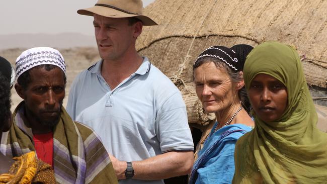 Doctor Andrew Browning with his aunt nurse Valerie Browning "somewhere in the desert". Picture: Supplied