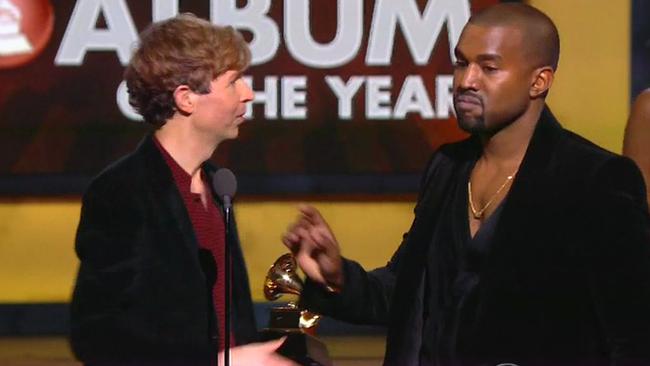 8 February 2015 Los Angeles USA STRICTLY NOT AVAILABLE FOR USA Kanye West storms the stage as Beck beats Beyonce to win Album of the Year at the Grammy Awards Kanye West launched into an epic rant on Beck and the organisers of the Grammy Awards after he stormed the rocker on stage The rapper ran after Beck as he accepted his award for Album Of The Year in what appeared to be a nod to his 2009 stage ambush on Taylor Swift when he told the audience Beyonce should have won over Taylor at the VMAs However this time Kanye decided against addressing the audience and it looked like he was joking as he smiled as he walked away and Beck good naturedly told him to come back But backstage things became a lot more heated Speaking to sister in l