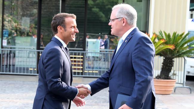 French President Emmanuel Macron meets Prime Minister Scott Morrison at the G7 Summit in Biarritz, France in 2019. Picture: Adam Taylor/PMO