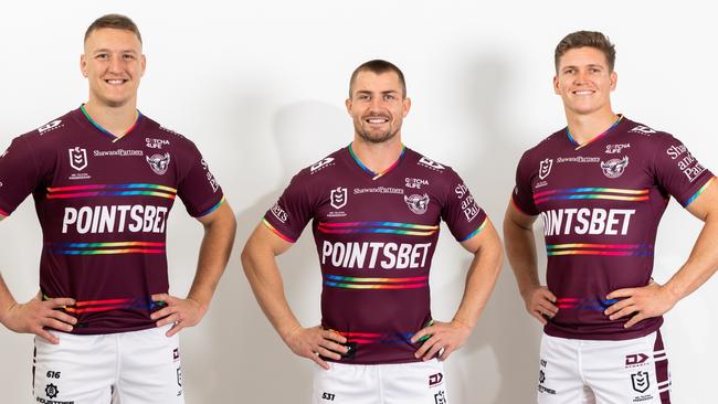 Manly's Sean Keppie, Kieran Foran and Reuben Garrick in the Sea Eagle's Pride jersey. Picture: Manly Digital