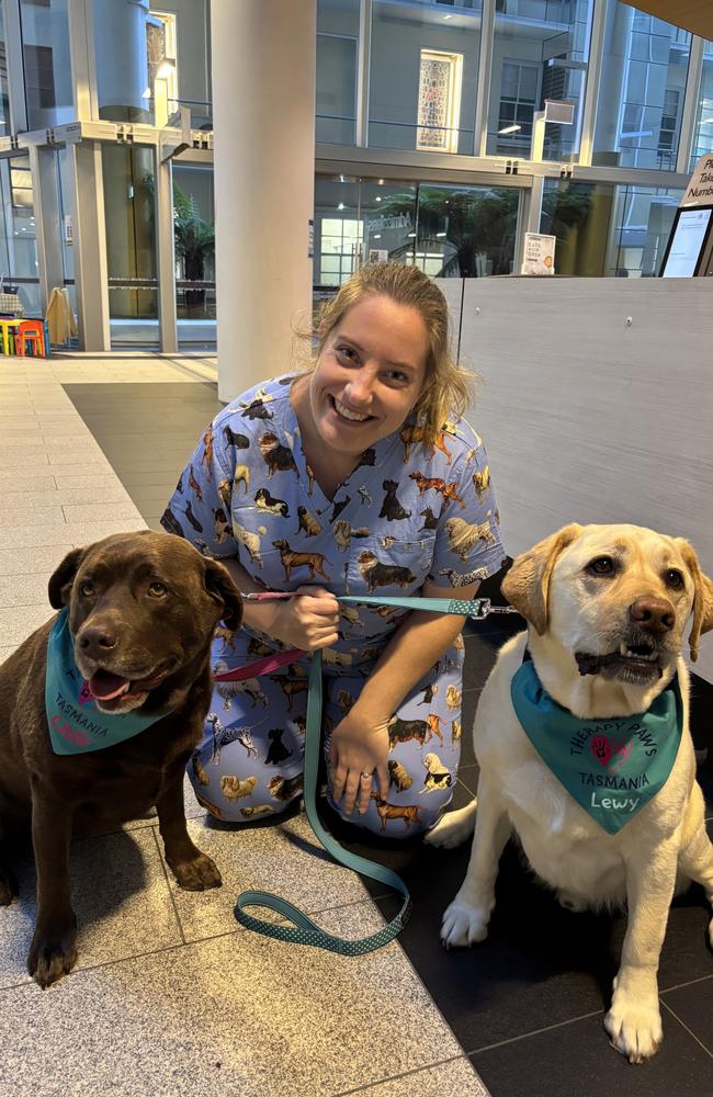 Alice Barrett nurse with Lewy and Chilli therapy dogs. Picture: supplied