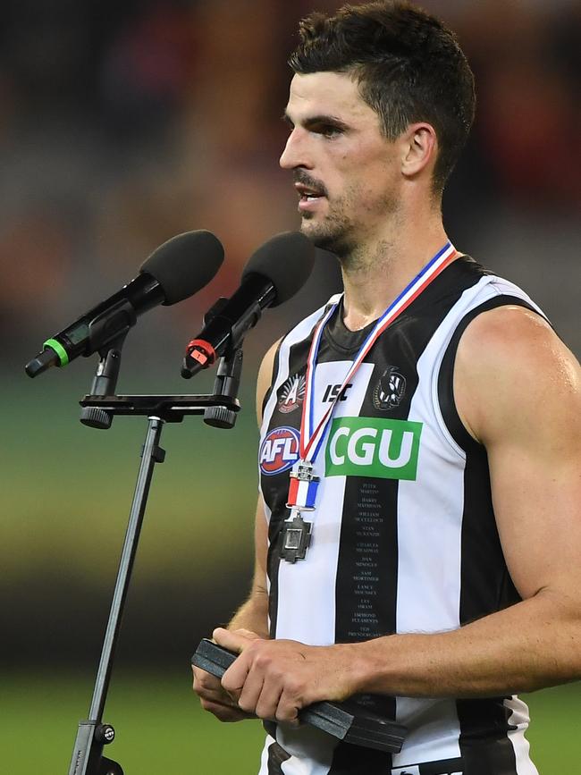 Scott Pendlebury after winning the 2018 Anzac Day Medal. Picture: AAP Images