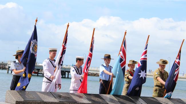 The cadets hold the flags at the Redcliffe Anzac Day service 2019. Photo Erin Smith