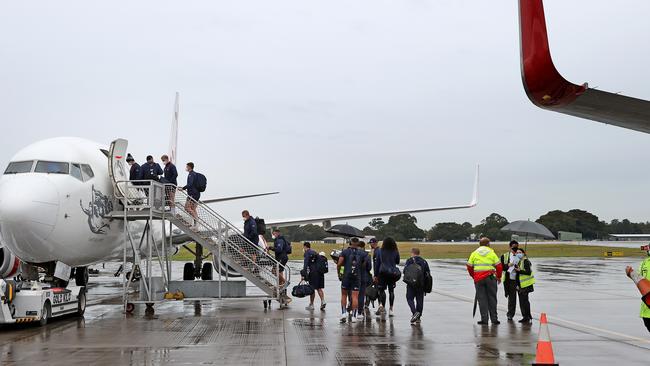 NRL teams depart Sydney to the hub in Queensland. Picture: Toby Zerna