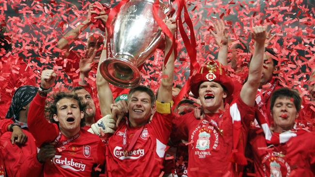 Liverpool captain Steven Gerrard hoists the European Cup after Liverpool won the 2005 Champions League final.