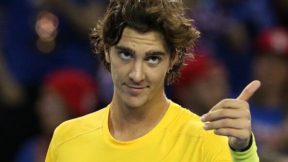 Thanasi Kokkinakis won his last Davis Cup match over Great Britain’s Dan Evans in the 2015 World Group semi-finals. Picture: Getty Images