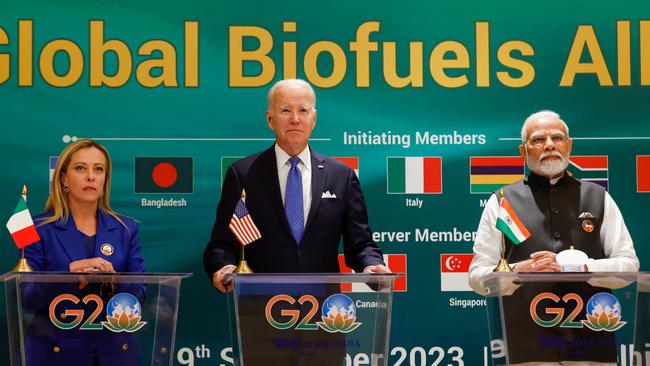 Italian Prime Minister Giorgia Meloni (L), US President Joe Biden and Indian Prime Minister Narendra Modi. Picture: EVELYN HOCKSTEIN / POOL / AFP