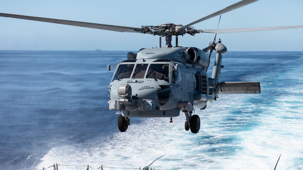 HMAS Brisbane’s embarked MH-60R helicopter, ‘Nomad’, prepares to land after conducting aerial surveillance off the coast of Queensland, during Exercise Talisman Sabre 2021. Picture: Department of Defence