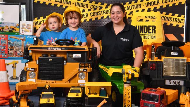 Lachlan, 2, and William Prenter, 4, with Bravus Mining HR project and talent coordinator Stephanie Wilson. Picture: Evan Morgan