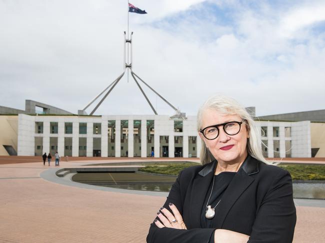 CANBERRA, AUSTRALIA - MARCH 14: Janine Hendry, spokesperson for the March 4 Justice, stands in front of Parliament House on March 14, 2021 in Canberra, Australia. The inaugural March 4 Justice will take place on Monday, March 15 in cities across Australia. Protesters in Canberra will deliver a petition calling on the Prime Minister with demands to act against gendered violence to female Members of Parliament. (Photo by Sean Foster/Getty Images)