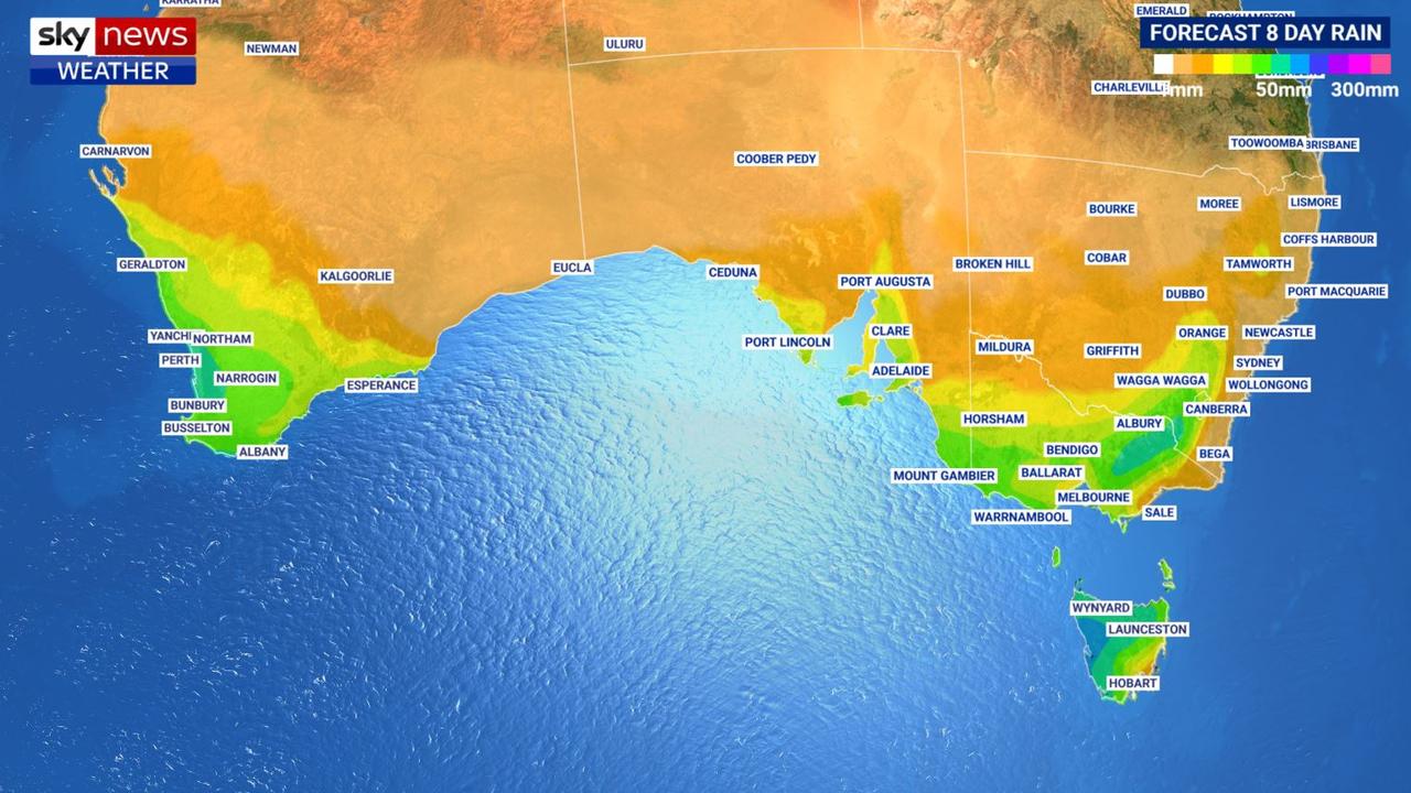 South west WA, northern Victoria and much of Tasmania will bear the brut of this week’s rain. Picture: Sky News Weather.