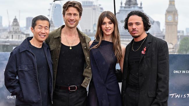 Director Lee Isaac Chung, Glen Powell, Daisy Edgar-Jones and Anthony Ramos attend the Twisters photocall in London. Picture: Jeff Spicer/Getty Images