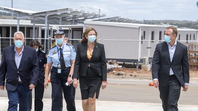 John Wagner with Katarina Carroll, Premier Annastacia Palaszczuk and Deputy Premier Steven Miles visit the Wellcamp quarantine hub in February. Picture: Nev Madsen.